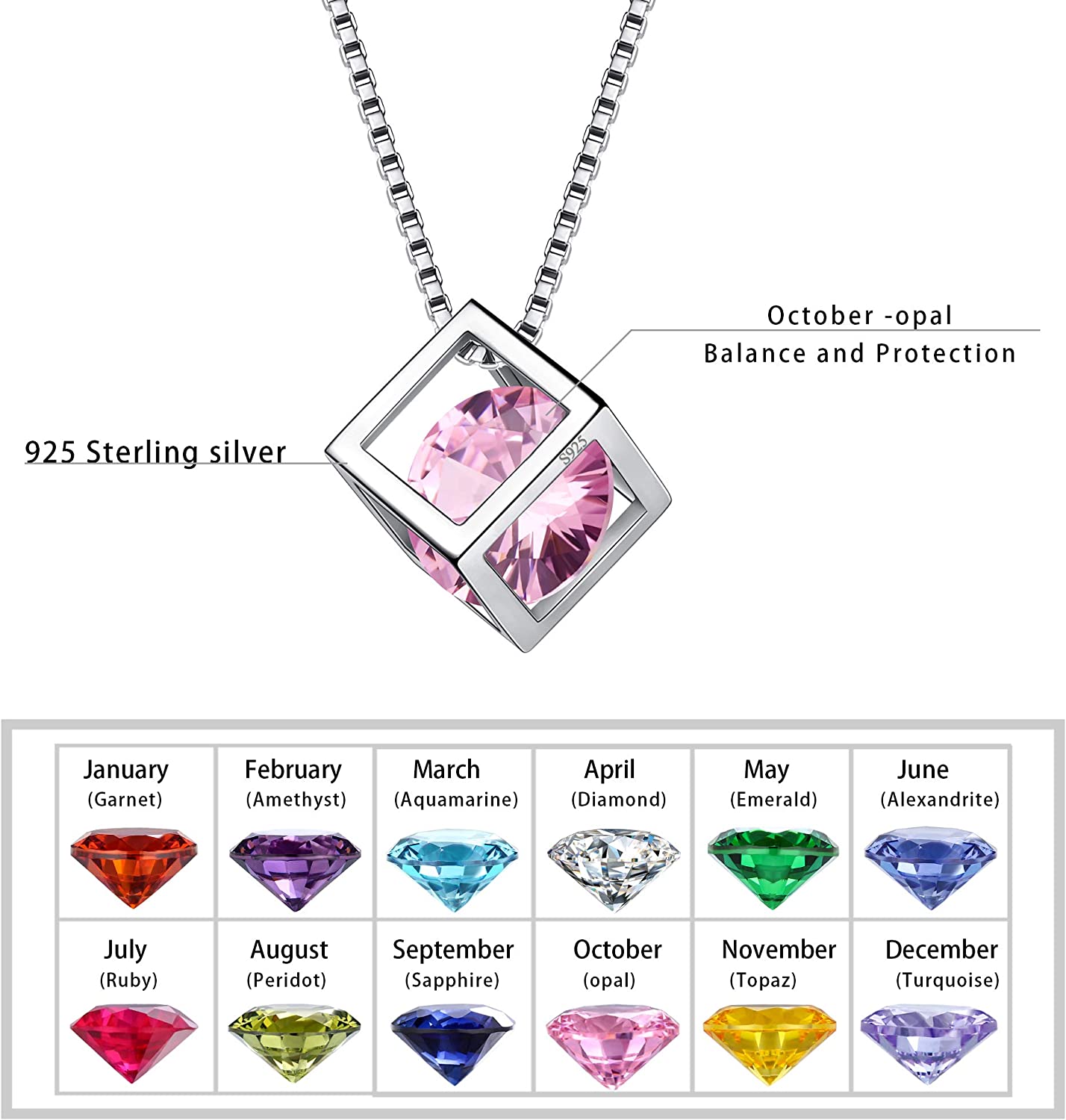 Birthstone Necklace/Earring 925 Sterling Silver Women Cross/3D Cube/Cresent Moon Birth Stone Jewelry Mens Birthday Gift Anniversary Present - Image 4